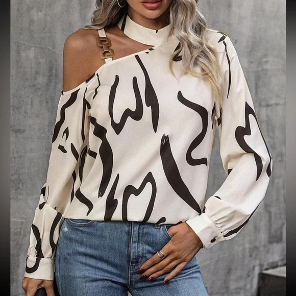 Elegant Off Cold Shoulder Asymmetrical Neck Long Sleeve Top Blouse Shirt - Picture 6 of 6